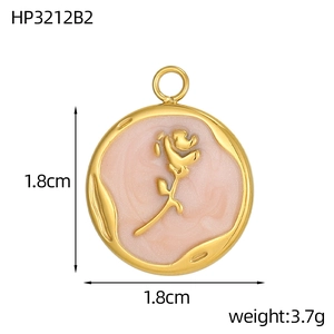Detailed view of golden rose charm with pink enamel inlay and 1.8cm size measurements