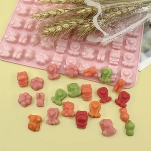 Pink silicone mold for DIY gummy bears, lions, and paw shapes with colorful candy samples