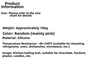 Technical specifications for silicone alphabet mold showing heat resistance and 106g weight