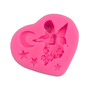 Pink heart silicone mold with embossed fairy moon and stars for fondant and chocolate