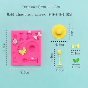 Pink silicone mold for bow, rose, and leaf fondant decorations with product dimensions