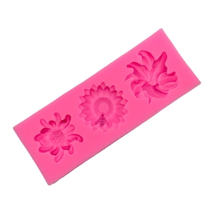 Pink silicone mold featuring chrysanthemum, lily, and sunflower patterns for DIY cake fondant