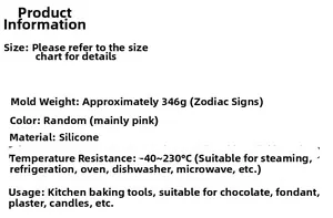 Silicone zodiac mold specifications for DIY chocolate and cake decoration with temperature range