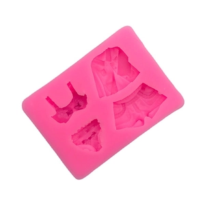 Pink silicone mold featuring clothing shapes for fondant, cake decorating, and DIY crafts