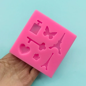 Stampo in silicone rosa per torte con torre Eiffel, cuore e motivi a chiave DIY