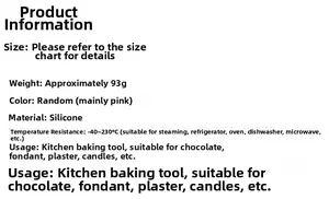 Specifications of 3D angel girl silicone mold with temperature range and weight details
