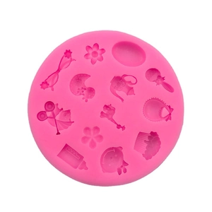 Pink silicone mold featuring baby bottles and strollers for DIY cake fondant and chocolate