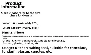 Specifications of pink silicone rose mold weighing 203g for baking and DIY crafts