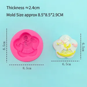 Pink silicone mold of rabbit on rocking horse for DIY chocolate cake and soap making