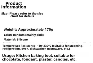 Detailed specifications for silicone mold including 170g weight and -40 to 230°C temperature range