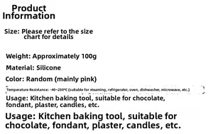 Specifications of pink silicone rose mold with temperature range -40 to 230 degrees