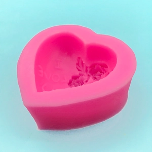 Pink heart silicone mold with I LOVE text and rose pattern for DIY soaps and chocolate