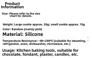Food grade silicone cookie mold specifications and temperature range chart for baking
