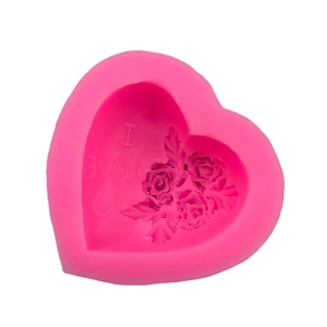 Pink heart-shaped silicone mold featuring I LOVE U text and rose flower relief design