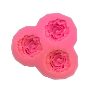 Three-cavity pink silicone rose mold for fondant cakes and chocolate decorating
