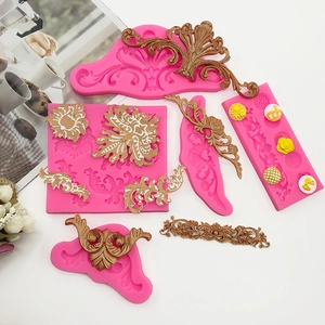 Pink silicone Baroque cake molds set with vintage relief patterns for fondant DIY