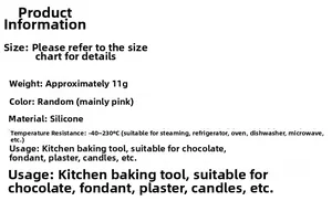 Silicone flower mold detail showing 11g weight and temperature resistance of -40 to 230C