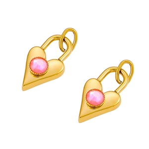 Gold-plated stainless steel heart lock pendants with faceted pink crystal center stones