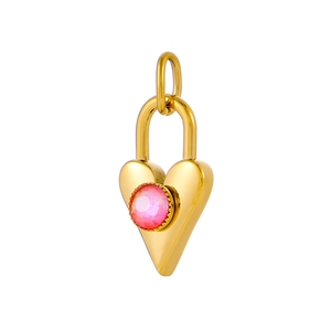 Close-up of heart-shaped gold pendant featuring a faceted pink gemstone and secure top ring