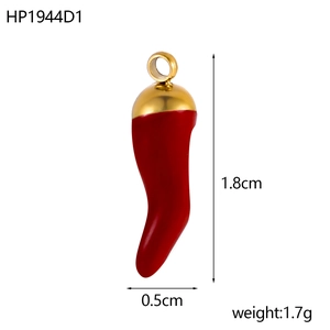 Detail showing red enamel chili pendant dimensions 1.8cm by 0.5cm with gold metal top