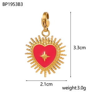 14K vergoldeter Edelstahl-Herzanhänger in Rot mit Stern und Sonnenstrahl-Muster