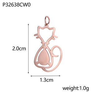 Detailed view of rose gold hollow cat pendant with size metrics 2.0cm height and 1.3cm width