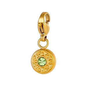 Detail of 18K gold plated sunburst pendant with a green crystal and lobster clasp