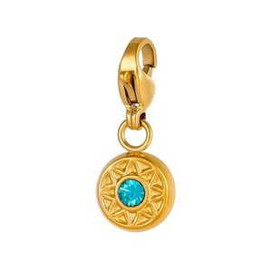 Detail of 18K gold plated lobster clasp pendant with blue zircon and starburst pattern