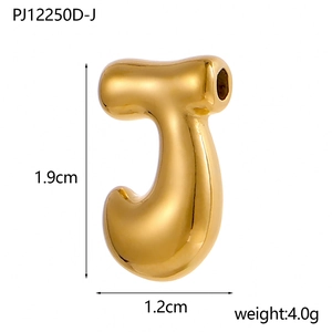 Detailed macro view of gold polished letter J bubble pendant with dimensions and weight