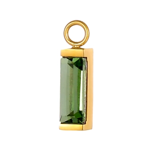 Detailed close-up of emerald green rectangle zircon pendant with gold plated base