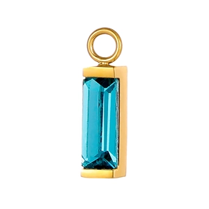 Detail showing gold-plated pendant with bezel-set emerald cut blue zircon and round bail