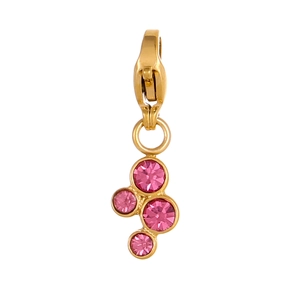 Detail of a vintage gold pendant featuring four round pink crystals with a lobster clasp