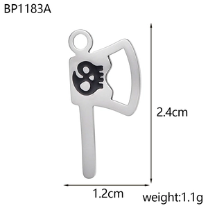 Detail view of silver axe pendant with black skull icon showing 2.4cm by 1.2cm dimensions