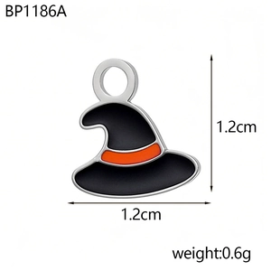 Detail of Halloween witch hat pendant in black and orange showing 1.2cm size and 0.6g weight