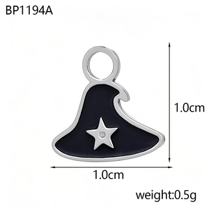 Detail view of black enamel wizard hat pendant with silver star and size measurements