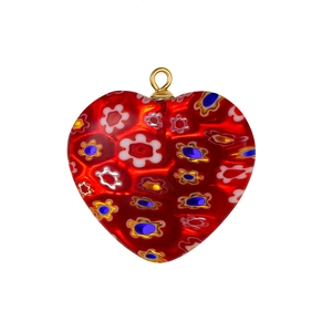 Elegante ciondolo a cuore rosso in vetro millefiori con motivi floreali e gancio dorato