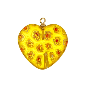 Ciondolo a cuore in vetro Millefiori giallo con motivi floreali e gancio dorato