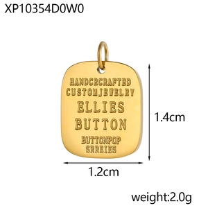 Detailed view of square gold pendant with engraved text showing size 1.4cm by 1.2cm