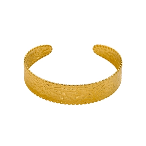 Gold open cuff bracelet with hammered texture and beaded edges in a luxury style