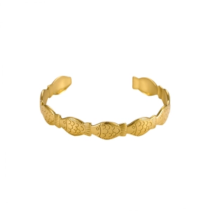 Unique gold stainless steel open bangle featuring a detailed fish scale link pattern design