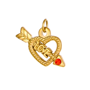 Colgante de corazón Cupido de acero inoxidable dorado con circón rojo y grabado LOVE
