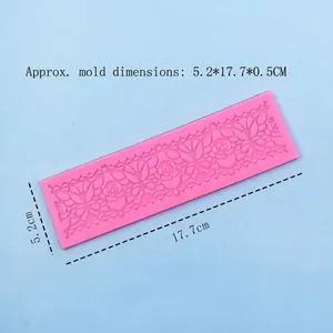 Pink silicone lace mold with floral rose patterns for cake decorating and DIY crafts