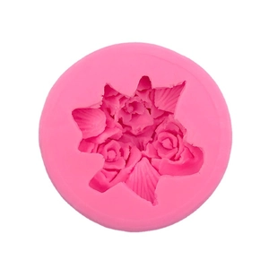 Pink silicone mold with three roses and leaves for cake baking and soap making