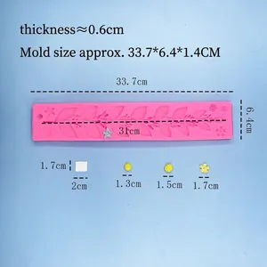 Pink leaf and flower silicone mold for cake border decoration, size 33.7x6.4x1.4cm