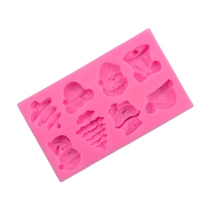 Pink 8-cavity Christmas silicone mold featuring Santa, tree, and bell shapes