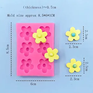 Pink 6-cavity flower silicone mold with dimensions for DIY chocolate and cake baking