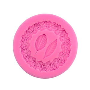 Pink silicone round rose wreath and leaf mold for DIY fondant cake or handmade soap