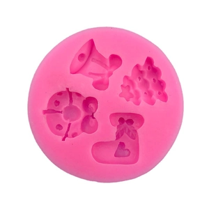 Pink silicone mold featuring Christmas tree, sock, bell and ladybug for DIY baking decoration