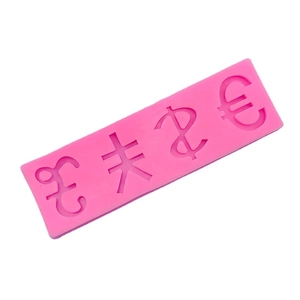Molde de silicona rosa con símbolos de dólar, euro, libra y yen para fondant y chocolate