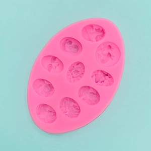 Detailed top view of pink silicone mold with 10 cavities for DIY flower and relief shapes